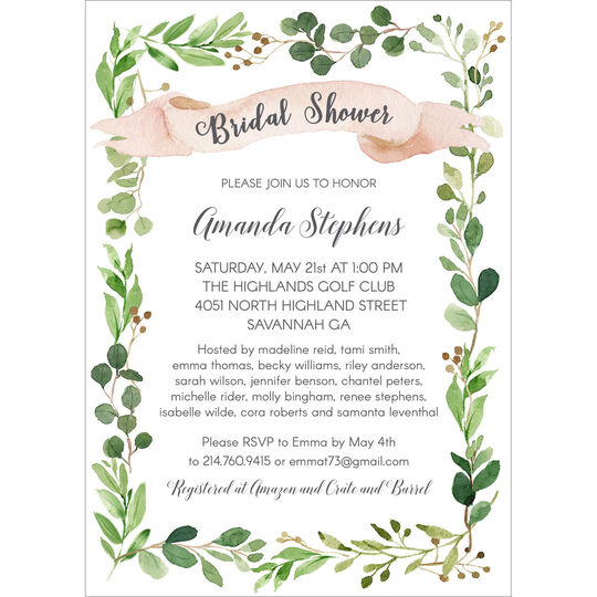 Greenery Framed with Ribbon Bridal Shower Invitations